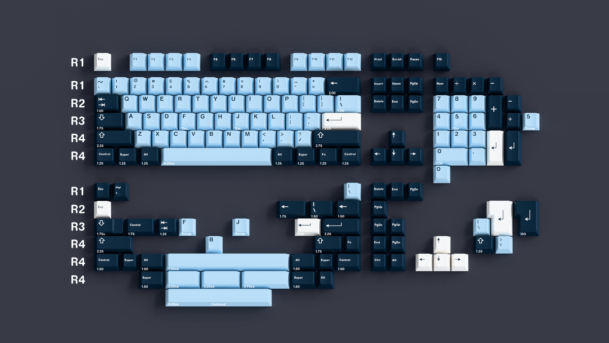Official CannonKeys GMK Mizu R2 Base Kit render showing the complete navy, ice-blue and white doubleshot ABS keycap set
