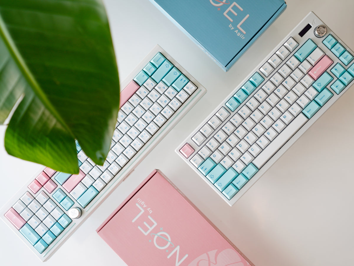 Official CannonKeys NicePBT Noel full product image showing the exact pastel cyan, pink and white Latin and Hiragana keycap variants